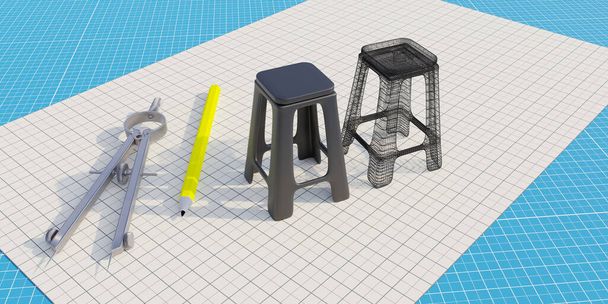 Design furniture blueprint concept. Stool, pencil and calipers on drawing blue print background. Manufacture design office. Overhead view. 3d render - Φωτογραφία, εικόνα