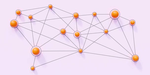 Concept de réseautage social. Balles de couleur orange liées les unes aux autres avec ligne sur fond rose. Connexion en ligne. Vue aérienne. 3d rendu - Photo, image