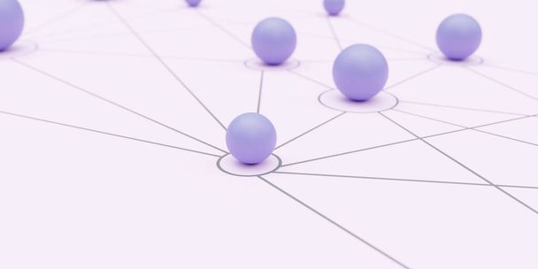 Social media networking concept. Blue color balls linked to each other with line on pink background. Online connection. Overhead view. 3d render - 写真・画像