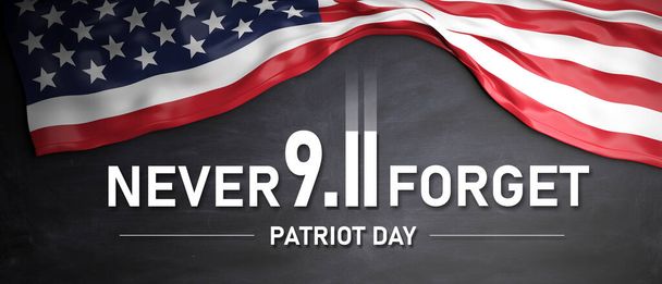 9 11 Never Forget. USA Patriot Day. Text and United States America flag on black background. Remember September 11, 2001. 3d render - 写真・画像