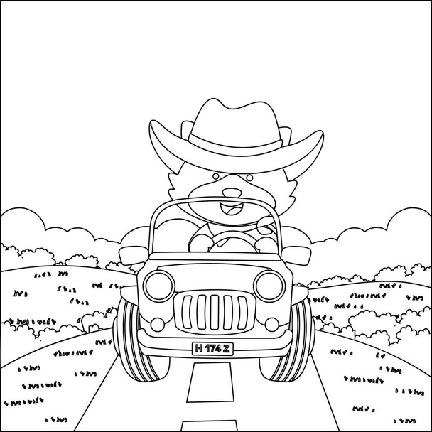 Cute little fox cartoon having fun driving off road car on sunny day. Cartoon isolated vector illustration, Creative vector Childish design for kids activity colouring book or page. - Vector, Image