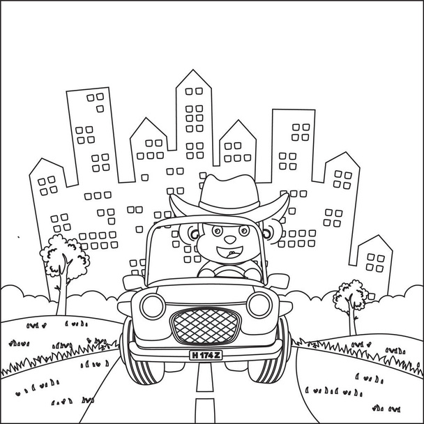 Netter kleiner Fuchs-Cartoon, der an sonnigen Tagen Spaß beim Geländewagenfahren hat. Karikatur isolierte Vektorillustration, Kreativer Vektor Kindliches Design für Kinder Aktivität Malbuch oder Seite. - Vektor, Bild