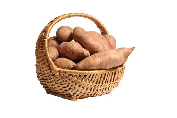 Wicker Basket of Sweet Potatoes Isolated on White Background - Fotoğraf, Görsel