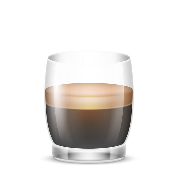 Café Doppio en taza de vidrio transparente. Bebida caliente fresca doble expreso en taza aislada sobre fondo blanco. Fuerte bebida de café negro para la mañana, elemento de desayuno. 3d vector ilustración - Vector, Imagen