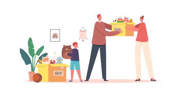 Charitable Toys Donation For Kids Concept. Volunteer Giving Box With Lots Of Beautiful Toys to Child, Solidarity And Charity, Humanitarian Aid to Orphans and Volunteering. Cartoon Vector Illustration - Vettoriali, immagini