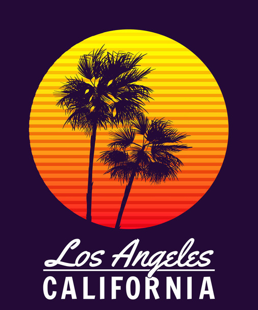 T-shirt California Los Angeles con stampa tramonto. Poster sagome di palma retrò, gradiente, typorgaphy. Illustrazione vettoriale - Vettoriali, immagini