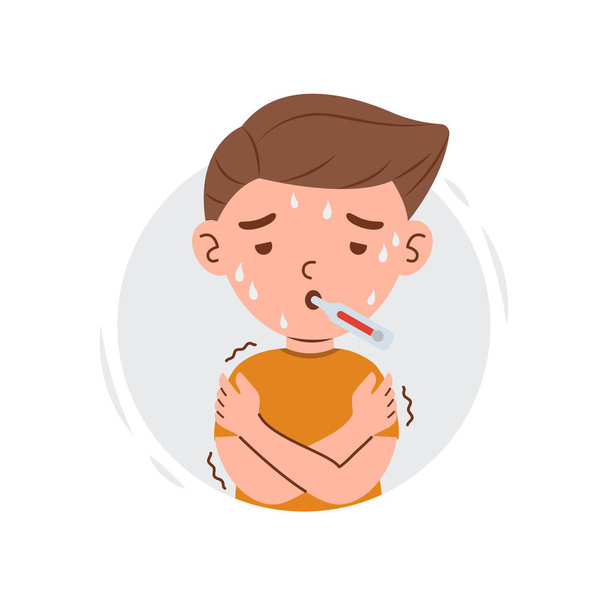 Σημάδια γρίπης και συμπτώματα στον χαρακτήρα του μικρού αγοριού. Κινούμενο παιδί αγόρι με πυρετό, μύξα, βήχα, ζάλη και πονόλαιμο διανυσματική απεικόνιση - Διάνυσμα, εικόνα