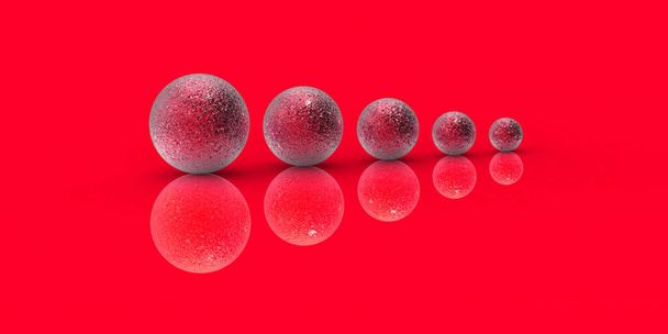 Five balls of metal of different sizes of red color on red background. Growth of something. Progress. Reflection. Horizontal image. 3D image. 3D rendering. - Foto, Imagem
