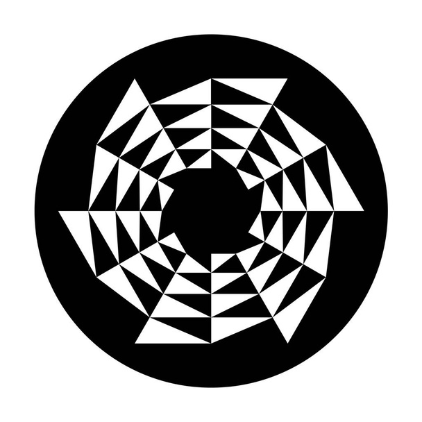 Estrella con patrón de triángulo circular en un círculo negro. Triángulos blancos que forman una hoja de sierra circular, que parecen moverse en sentido contrario a las agujas del reloj. Modelado en un patrón de círculo de la cosecha encontrado en el castillo de Barbury. - Vector, Imagen
