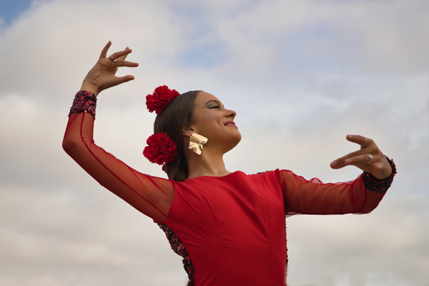 Портрет молодой девушки-подростка в красном танцевальном костюме с красными гвоздиками в волосах, позирующей фламенко с облаками на фоне неба. Концепция фламенко, танец, искусство, типичный испанский танец. - Фото, изображение