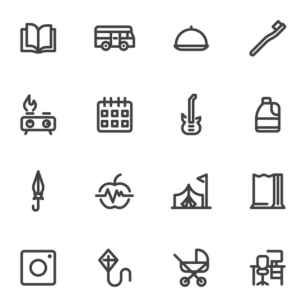 Entertainment and recreation line icons set, outline vector symbol collection, linear style pictogram pack. Signs, logo illustration. Set includes icons as book reading, vacation, hiking, camping - Διάνυσμα, εικόνα