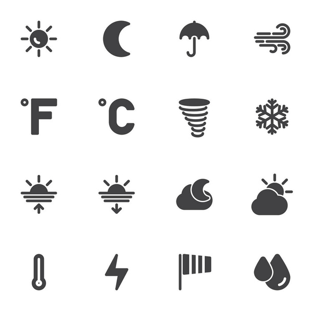Forecast weather vector icons set, modern solid symbol collection, filled style pictogram pack. Signs logo illustration. Set includes icons as thermometer temperature, sun, moon, tornado, night, cloud - Vektor, Bild