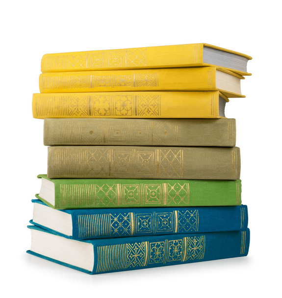 stack of colorful vintage books on white isolation - Foto, Imagen