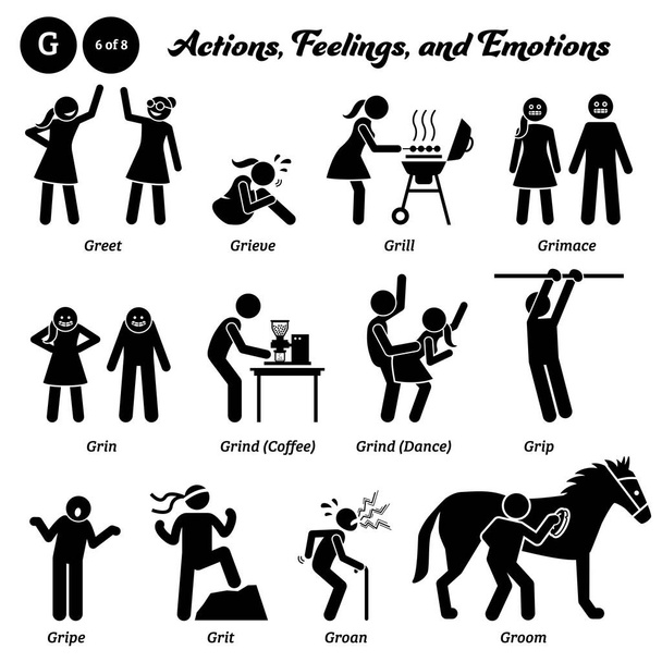 Stick figure human people man action, feelings, and emotions icons alphabet G. Greet, grieve, grill, grimace, grin, grind coffee, grind dance, grip, gripe, grit, groan, groom - Vector, imagen