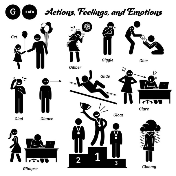 Stick figure human people man action, feelings, and emotions icons alphabet G. Get, gibber, giggle, give, glad, glance, glide, glare, glimpse, gloat, and gloomy. - Vettoriali, immagini