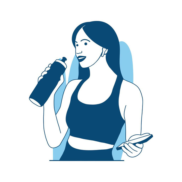 flat style vector illustration beautiful Girl drinks water after workout and holding phone - Vektör, Görsel