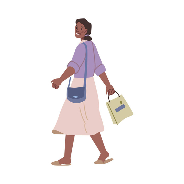 Jovem afro-americana em pano casual andando com saco e saco de compras. Vector plana desenho animado senhora no passeio, sorrindo feminino vai na saia verão moda vestuário - Vetor, Imagem