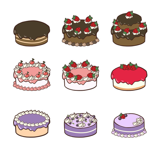 Set of kawaii Cakes.Cakes collection. cartoon Vector illustration of different types of beautiful and cute cakes. - Vector, Imagen