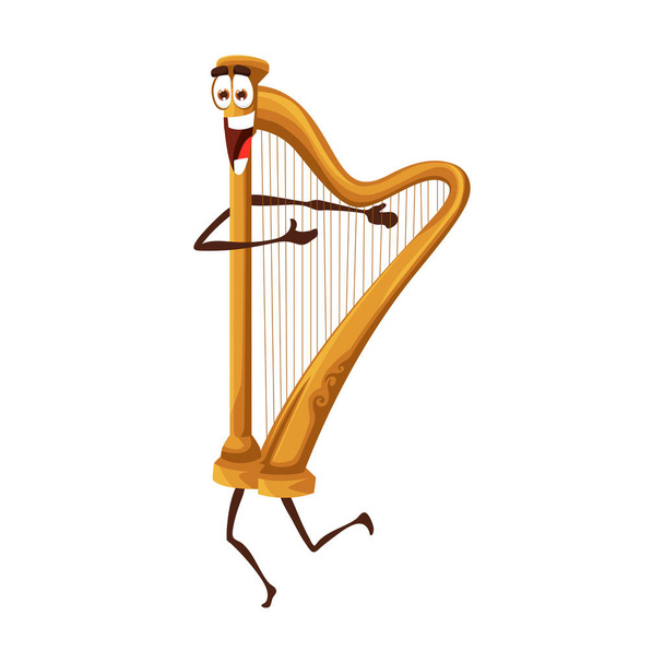 Desenhos animados personagem harpa engraçado. vetor isolado depenado personagem instrumento de cordas. Objeto vintage musical para tocar música clássica ou folclórica. Sorrindo positivo harpa tradicional tocando em si mesmo - Vetor, Imagem