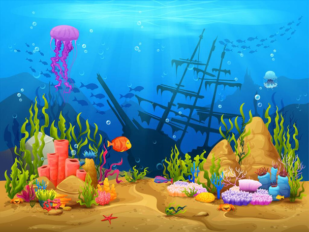 Underwater game level landscape, corals, fish shoal and sunken ship, vector background. Cartoon sea and ocean underwater or undersea landscape for game level, ship wrecks and fishes of coral reef - Vektori, kuva