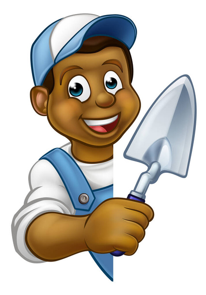 A cartoon black builder or bricklayer construction worker holding a masons brick laying trowel hand tool leaning around sign - Vector, Image