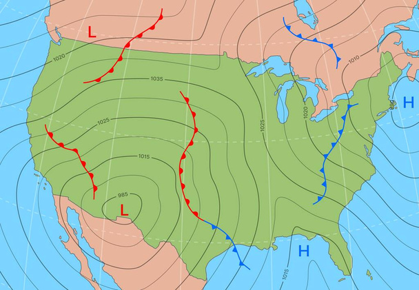 Πρόγνωση καιρού ισοβάρ χάρτης των ΗΠΑ κράτη, το μέτωπο του ανέμου και τη θερμοκρασία διανυσματικό διάγραμμα. Μετεωρολογικό κλίμα και πρόγνωση καιρού isobar της Αμερικής ΗΠΑ με κρύο κυκλώνα και διάγραμμα ατμοσφαιρικής πίεσης - Διάνυσμα, εικόνα