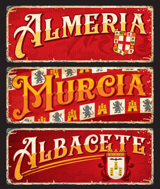 Almeria, Murcia, Albacete, Spanish city plates and training stickers, vector luggage tags. Іспанські міста олов "яні знаки та дорожні знаки з орієнтирами, емблемами прапора та символами муніципалітету. - Вектор, зображення