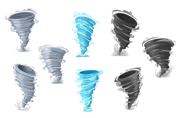 Tornado storm, vector whirlwind twister or cyclone hurricane, vector wind funnels. Tornado or typhoon and hurricane air swirl or storm vortex and windstorm twist in blue, gray and black - Vector, Image