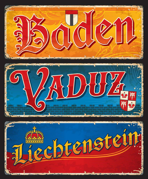 Baden, Vaduz, Liechtenstein, Zwitserse stadsplaten en reisstickers, vectorbagagelabels. Zwitserland reis reis tin borden en toerisme bagage labels met Zwitserse steden emblemen en vlaggen - Vector, afbeelding