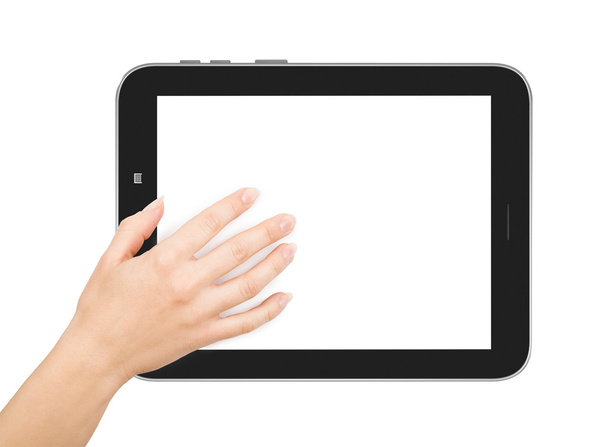 Hand holding tablet pc isolated on white background - Photo, Image