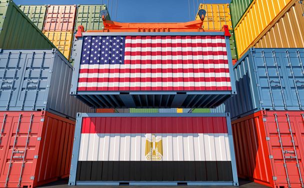 Contenedores de carga con banderas nacionales de Estados Unidos y Egipto. Renderizado 3D - Foto, imagen