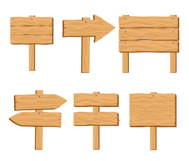 Set of blank wooden signboards. Square, arrow, 2 blocks, 3 blocks. Cartoon style vector guidepost illustration. Rough posters made of wood. Wooden bricks. - Vector, Imagen