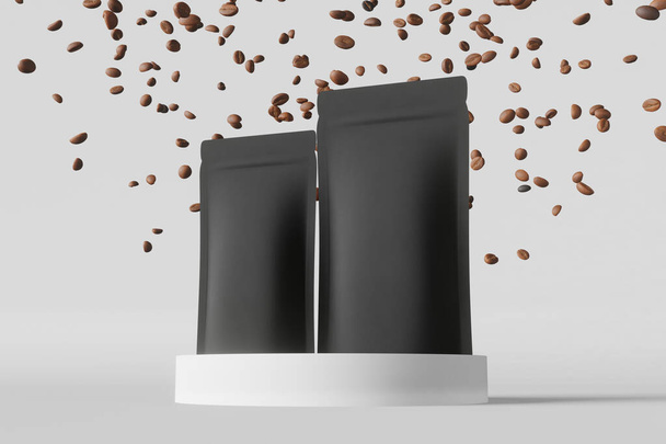 Черный кофе мешок макет падающие бобы матовый подиум белый фон 3D render.Merchandise рекламной упаковки минимальный дизайн - Фото, изображение