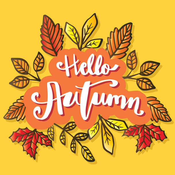 Γεια Φθινόπωρο χέρι γράμματα με φύλλα - Διάνυσμα, εικόνα