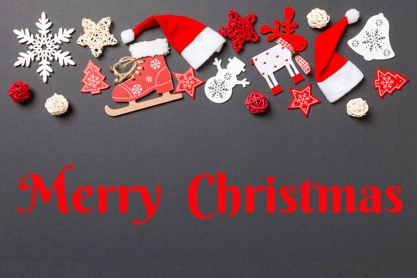 Merry Christmas text. New Year decorations on black background. Merry Christmas concept with empty space for your design. - Foto, immagini