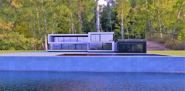 Berkenbos. Conceptueel project van een geavanceerd hightech huis met een zwembad. Betonnen pier op een rustige rivier. 3d renderen. - Foto, afbeelding