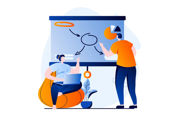 Branding team concept with people scene in flat cartoon design. Woman and man working in creative agency together, discuss and develop development strategy. Vector illustration visual story for web - Vettoriali, immagini