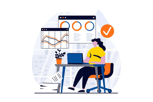 Data analysis concept with people scene in flat cartoon design. Woman working with statistics and charts using laptop, business audit and accounting at office. Vector illustration visual story for web - Vector, Imagen