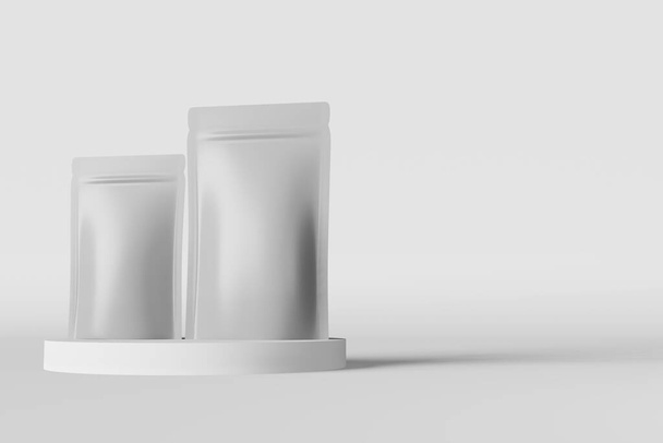White pouch bags branding mockup matte podium background 3D render. Merchandise packaging design. Blank foil coffee beans pack. Tea food snack sachet product template. Shop delivery sale demonstration - Foto, Bild