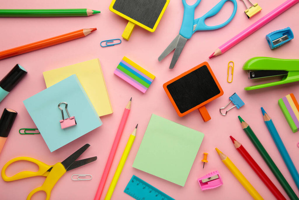 School supplies on pink background. Top view. - Photo, Image