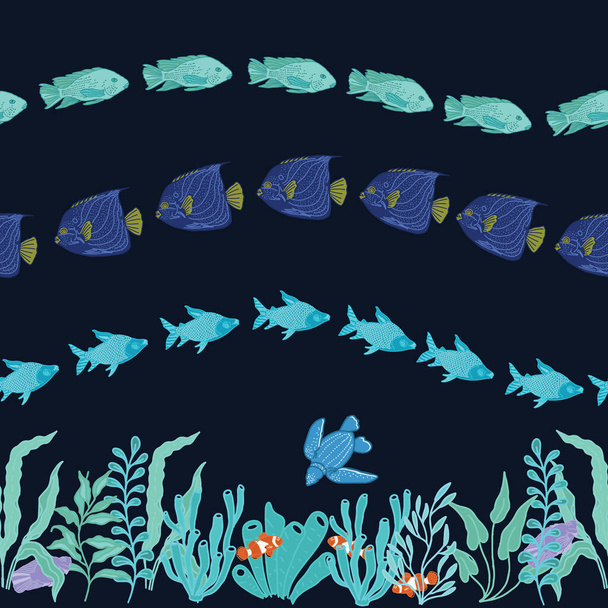 Horizontal border seamless Vector pattern with water plants, horziontal swimming fish in wave line isolated on blackblue background. Pattern design for Fabric, paper, cover, wrapping paper, interior and other uses - Вектор,изображение