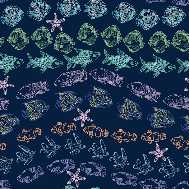 Padrão vetorial sem emenda com estrelas-do-mar e peixes nadadores em linha de onda isolados em fundo azul escuro. Design padrão para tecido, papel, capa, papel de embrulho, interior e outros usos - Vetor, Imagem