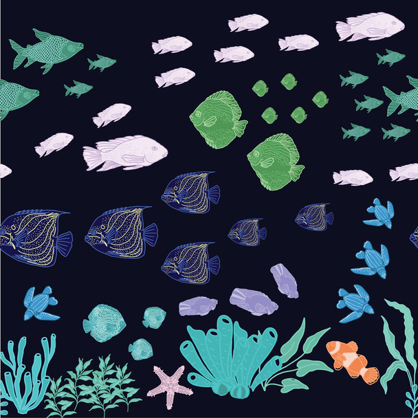 Horizontální hraniční vektorový vzor s vodními rostlinami a různými plaveckými rybami na černě modrém pozadí. Vzor designu pro tkaniny, papír, obal, balicí papír, interiér a další použití - Vektor, obrázek