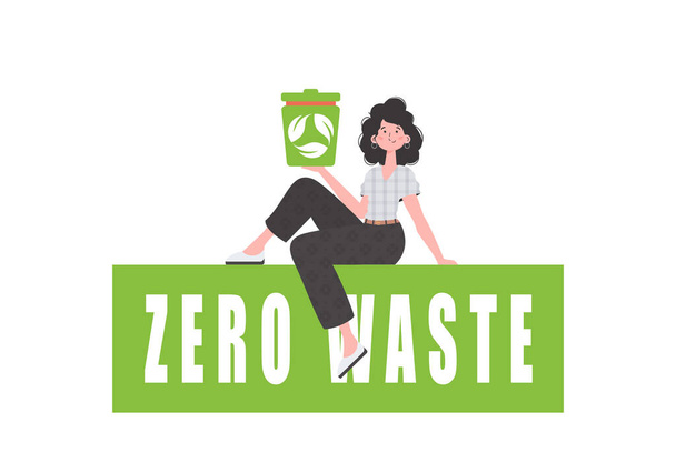 The girl sits and holds a trash can in her hand. The concept of ecology and recycling. Isolated. Vector illustration. - Vector, Image