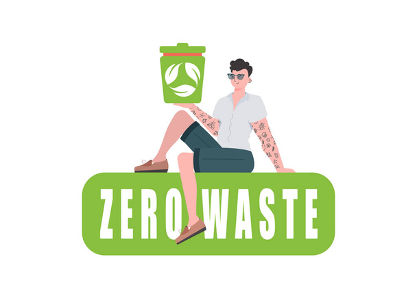 Um homem senta-se e segura uma lata de lixo na mão. O conceito de reciclagem e zero desperdício. Isolado sobre fundo branco. - Vetor, Imagem
