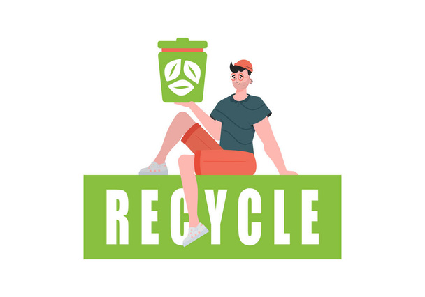 O tipo senta-se e tem um caixote do lixo na mão. O conceito de ecologia e reciclagem. Isolado sobre fundo branco. - Vetor, Imagem
