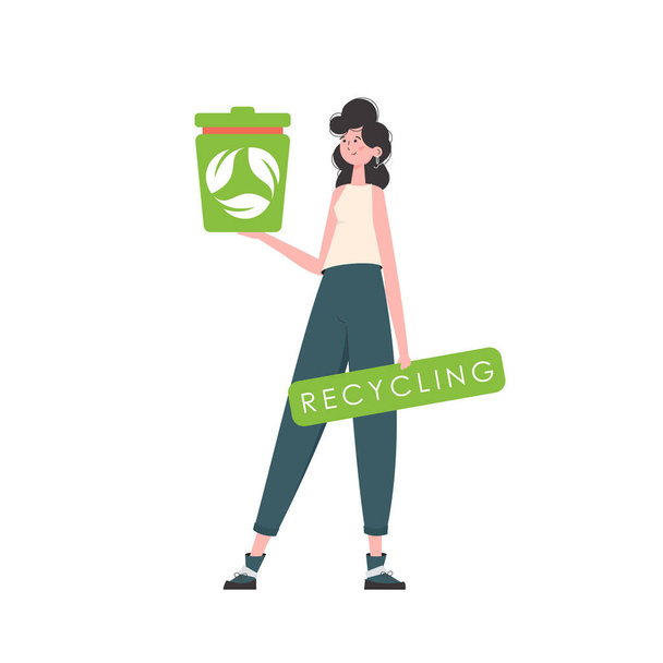 The girl is depicted in full growth and holds a trash can in her hand. The concept of ecology and recycling. Isolated on white background. Vector illustration Flat trendy style. - Vektör, Görsel