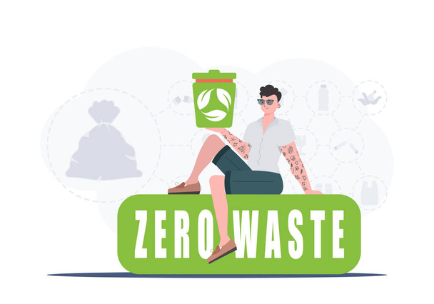 A man sits and holds an urn in his hands. The concept of recycling and zero waste. Trendy character style. Vetcor. - Vector, Image