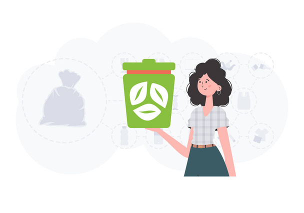 Концепция экологии и переработки отходов. Девушка держит урну в руках. Стиль модного персонажа. Веткор. - Вектор,изображение