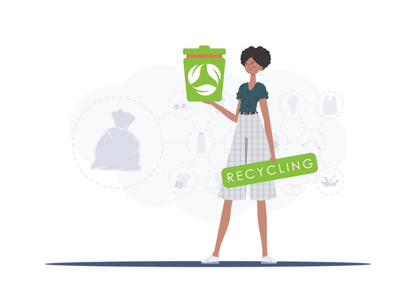 The concept of recycling and zero waste. The girl is holding an urn in her hands. Trendy character style. Vetcor. - Vektor, Bild